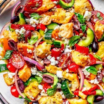 Greek Panzanella recipe in bowl