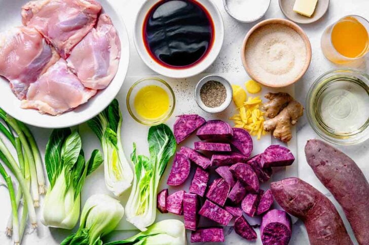What's in Soy Glazed Chicken Thighs with Japanese Sweet Potatoes recipe ingredients