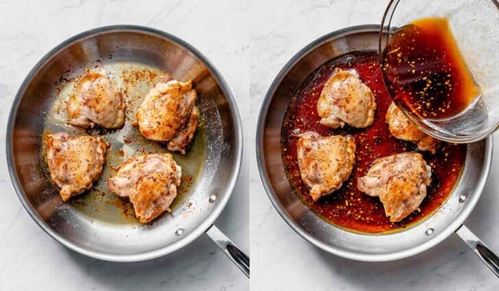 Chicken thighs in skillet with soy glaze