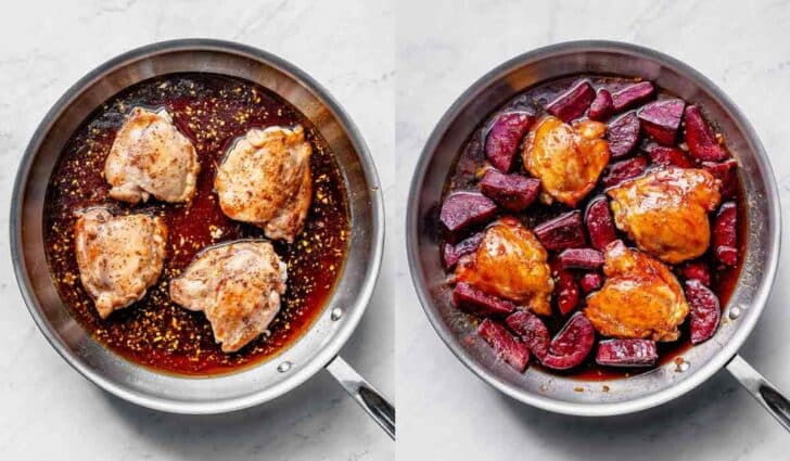 Chicken thighs in skillet with soy glaze and Japanese sweet potatoes