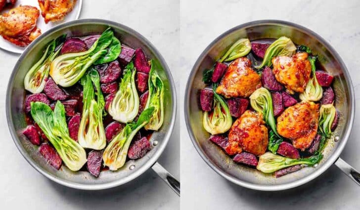 Chicken thighs in skillet with soy glaze and Japanese sweet potatoes and bok choy