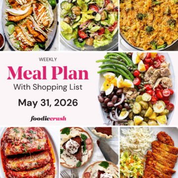 A grid of 7 weekly meal plan food photos with a text overlay.