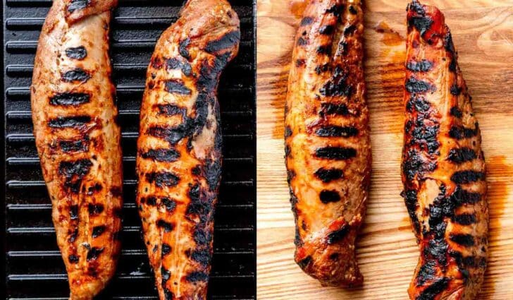 Asian Pork Tenderloin recipe on grill and resting on cutting board