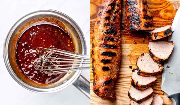 Grilled Asian Pork Tenderloin recipe marinade with sliced pork on cutting board
