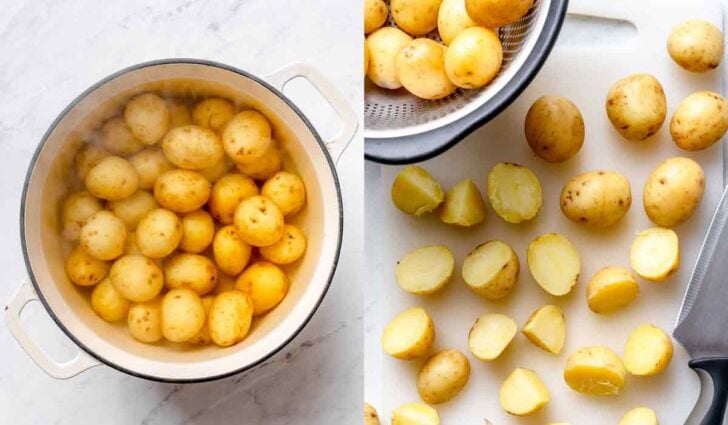 Potatoes in pot to boil next to sliced cooked potatoes