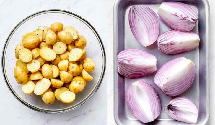 Potatoes in bowl next to sliced red onions