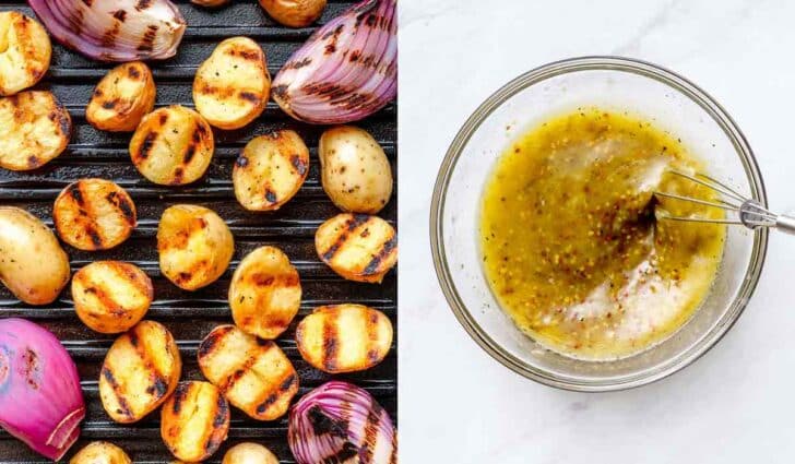 Grilled potatoes and onions with bowl of vinaigrette dressing