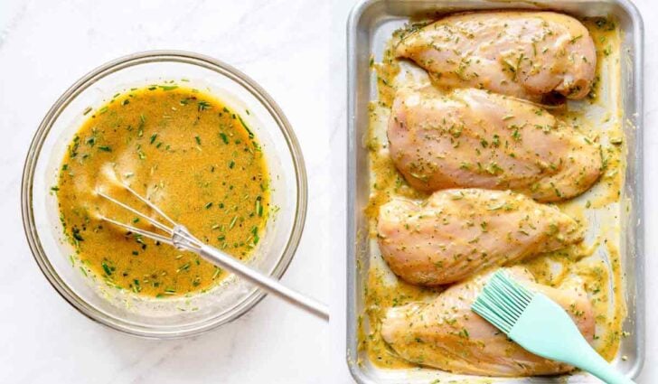 Rosemary Chicken marinade in bowl and on chicken breasts