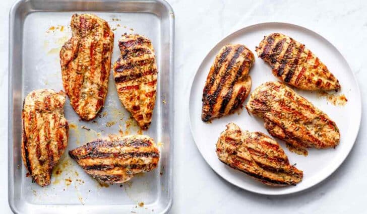 Rosemary Chicken breasts on baking sheet and on plate