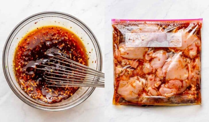 Honey Lime Chicken marinade in bowl and marinade in bag with chicken