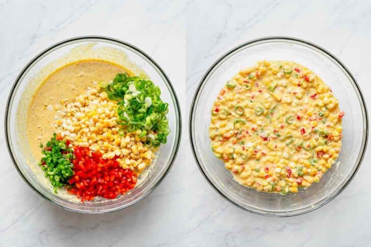 Corn Fritters recipe in mixing bowls