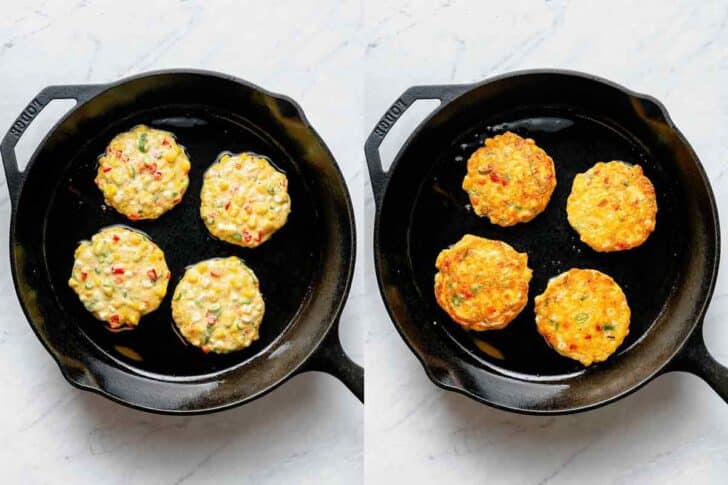 Corn Fritters recipe cooking in skillet before and after