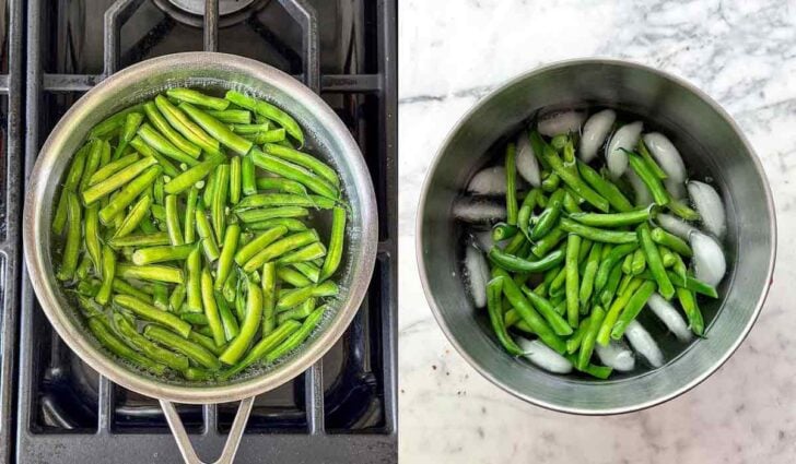 Green beans blanched in pot and cooled in ice water