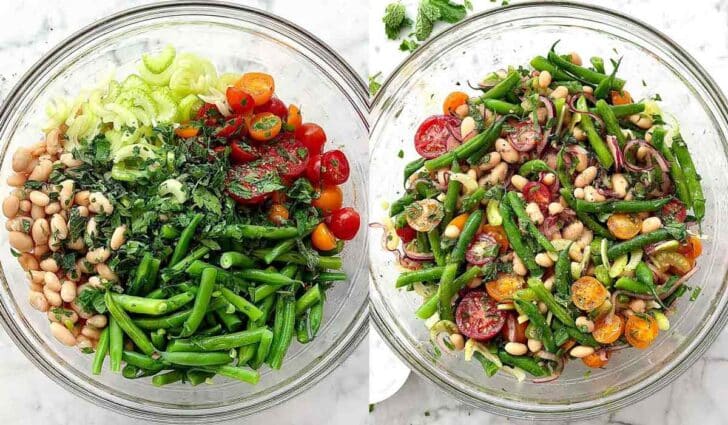 Cannelini Green Bean Salad ingredients mixed with dressing