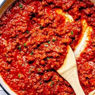 Simple 7 Ingredient Meat Sauce recipe in skillet