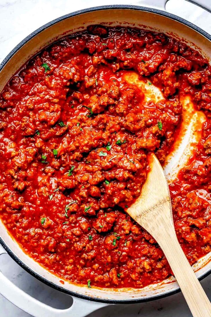 Simple 7 Ingredient Meat Sauce recipe in skillet