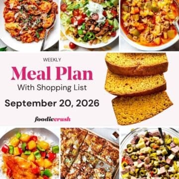 A photo grid of 7 food photos for a weekly meal plan with a text overlay.