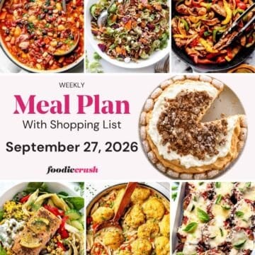 A photo grid of 7 food photos for a weekly meal plan with a text overlay.