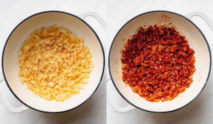 Onions in pot with spices for Hungarian Goulash recipe