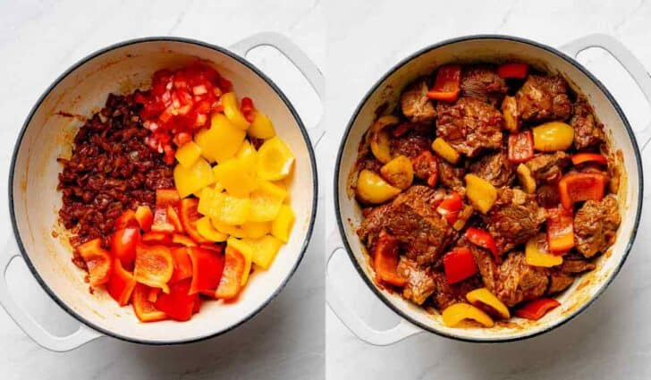 Recipe ingredients in pots for Hungarian Goulash