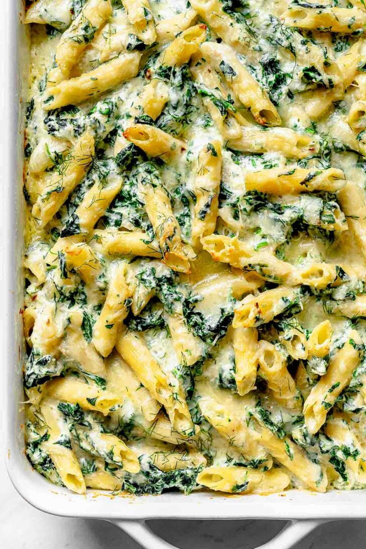 Spinach and Ricotta Penne Pasta recipe in baking dish