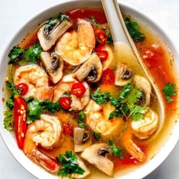 Tom Yum Goong Thai Shrimp Soup recipe in a bowl with spoon