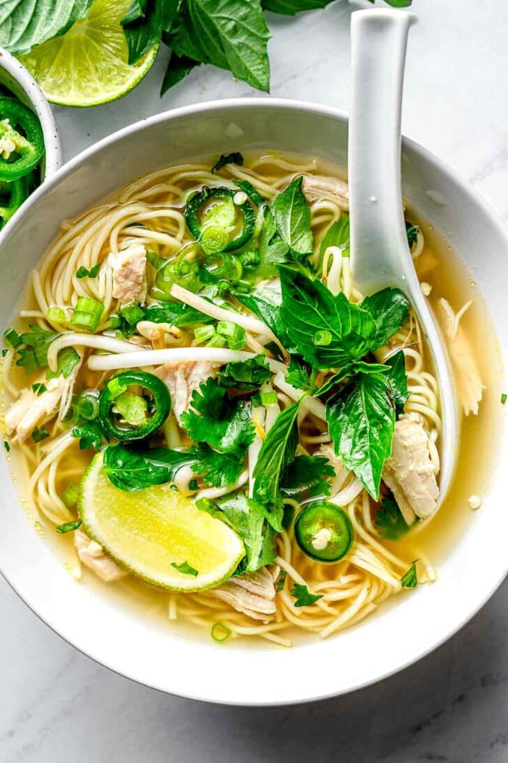 Vietnamese Chicken Noodle Soup recipe in bowl with spoon