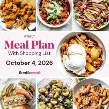 A photo grid of 7 food photos for a weekly meal plan with a text overlay.