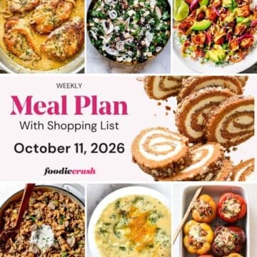 A photo grid of 7 food photos for a weekly meal plan with a text overlay.