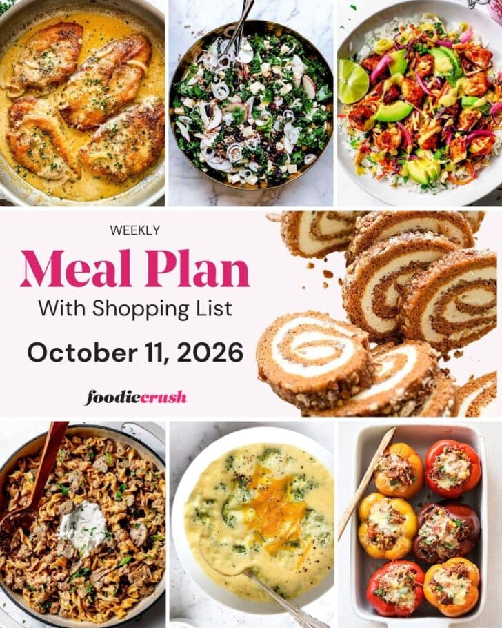 A photo grid of 7 food photos for a weekly meal plan with a text overlay.